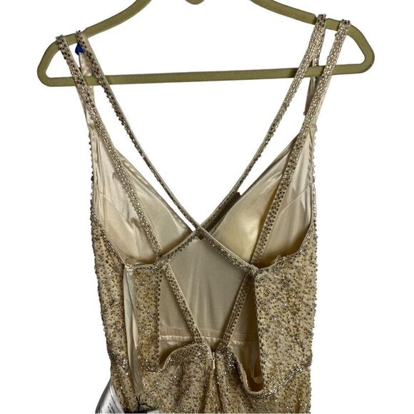 MAC DUGGAL Dress WMNS 8 Nude Lattice Open‎ Back Beaded Maxi Gown Train Sexy - Picture 10 of 13